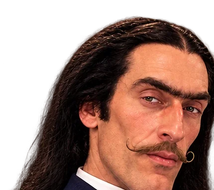 Personagem realista de IA: homem de cabelo longo e preto, monocelha e bigode enrolado